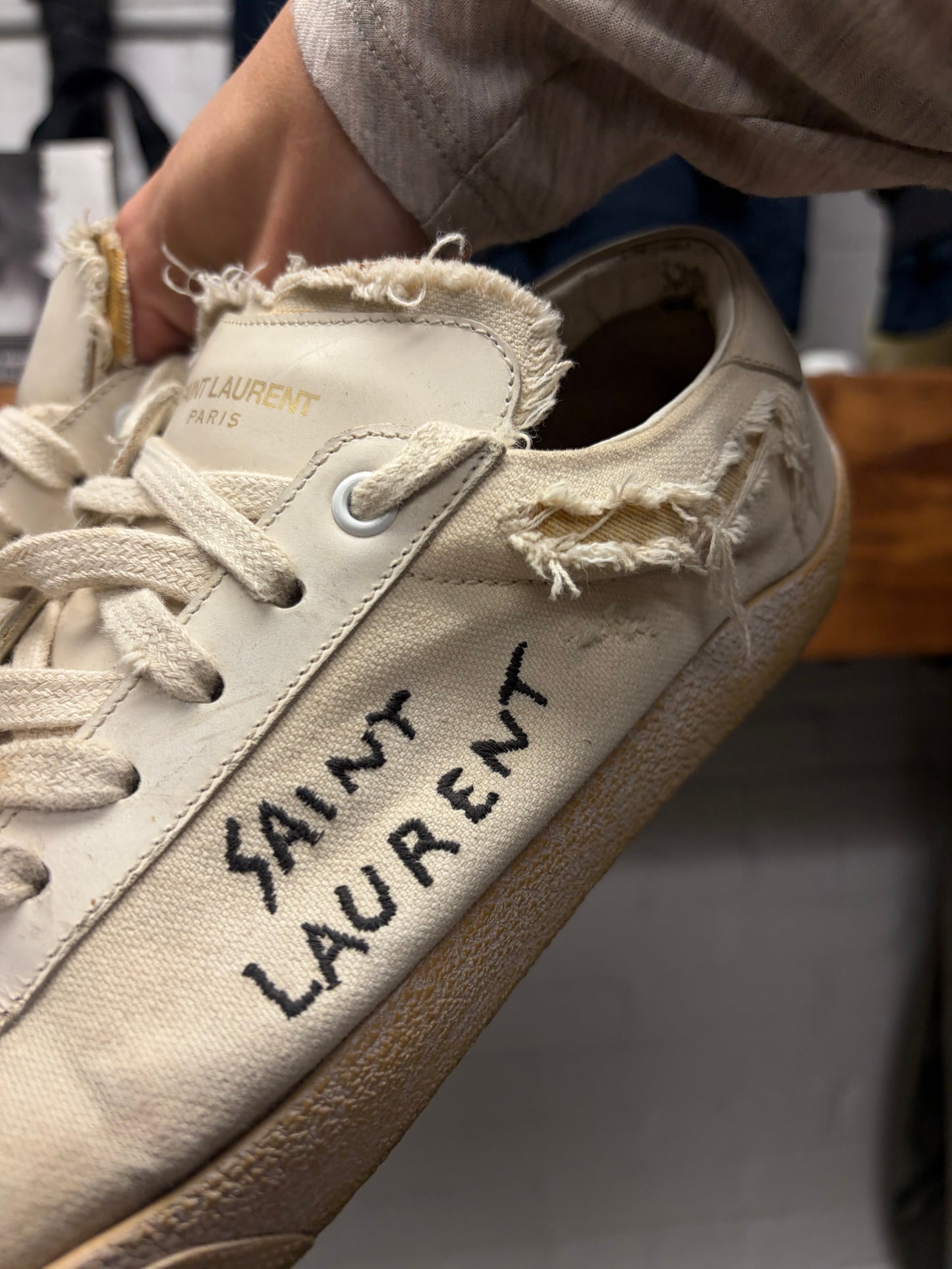 Saint Laurent ‘Court Classic’ Distressed Canvas White Low Top Sneakers
