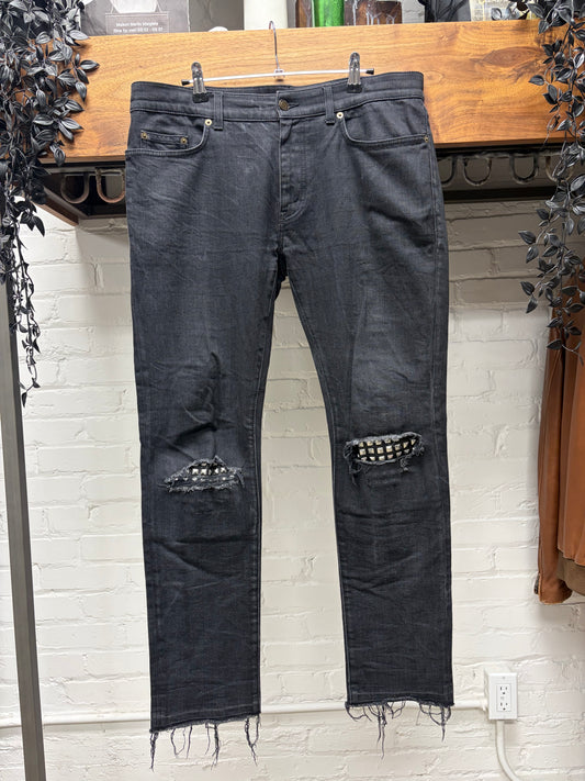 2016 Saint Laurent by Hedi Slimane Studded Leather Patch ‘D02’ Black Biker Skinny Jeans