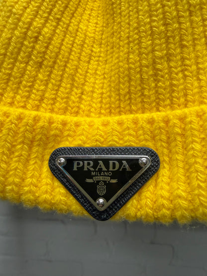Prada Wool/Cashmere Blend Yellow Ribbed Knit Beanie