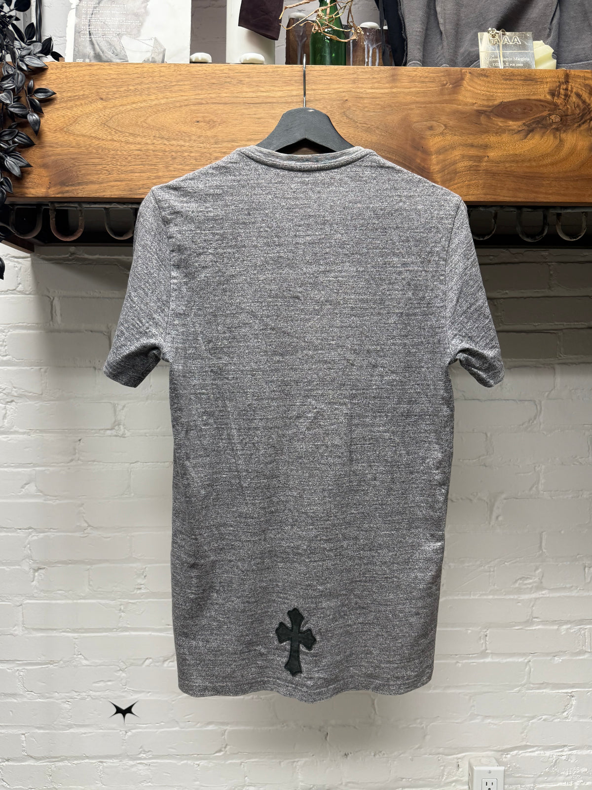 Chrome Hearts ‘Cemetery’ Black Leather Cross Patch Grey Short Sleeve T-Shirt
