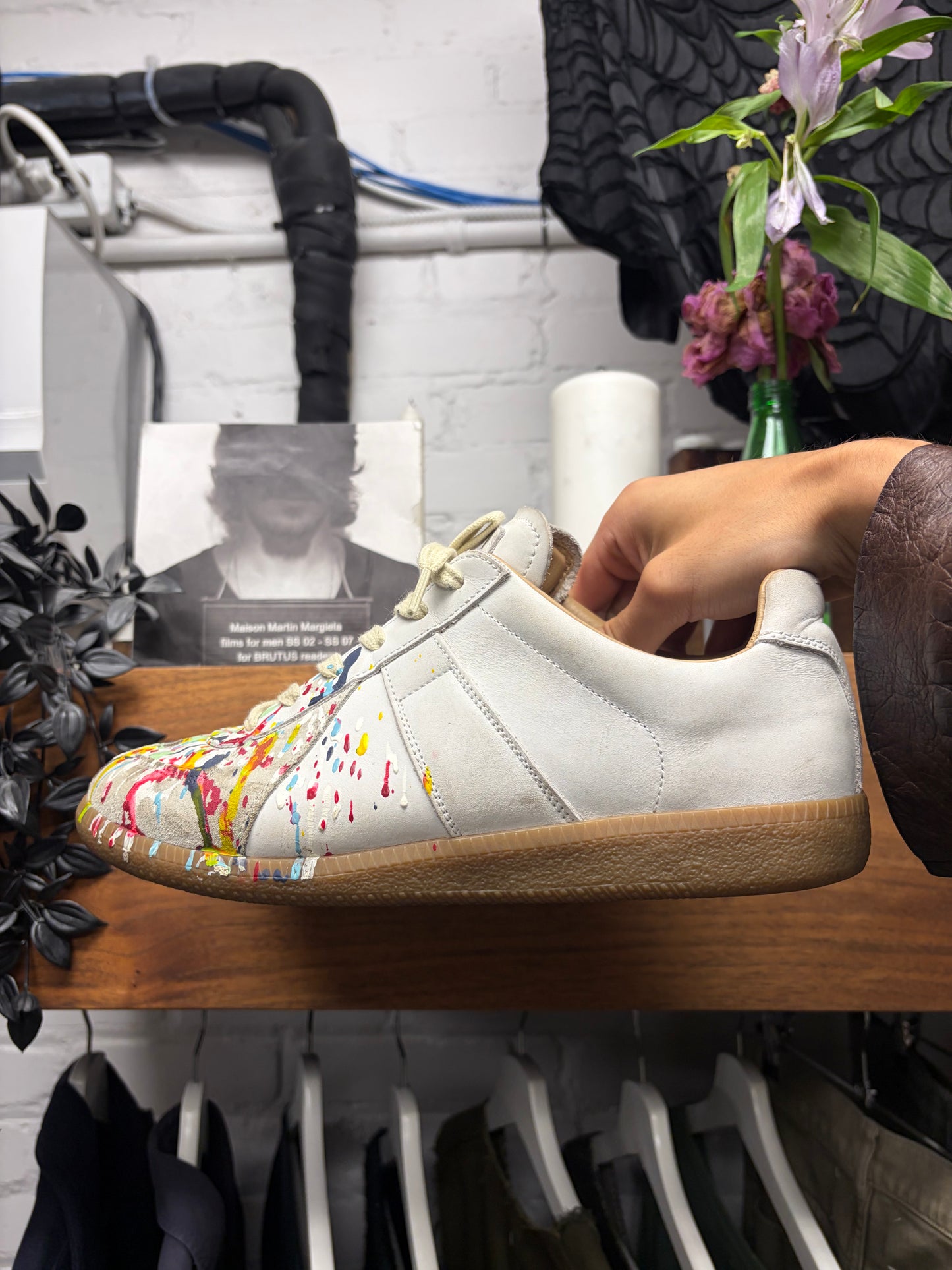 Margiela Paint Splatter ‘G.A.T.’ White/Gum Sole Low Top Sneakers