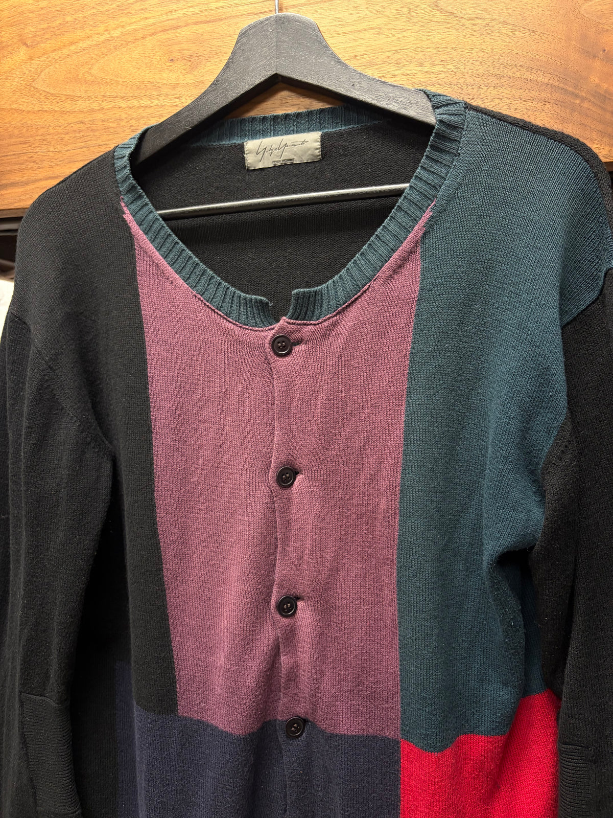 Yohji Yamamoto Pour Homme Colorblocked ‘Abstract Geometric’ Patterned Wool Knit Cardigan