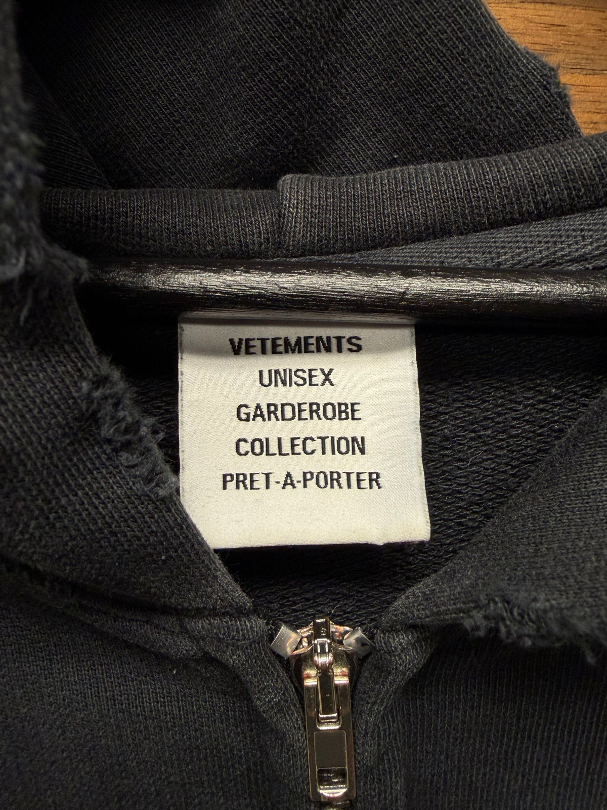 Vetements ‘Hood Embroidered’ Black Thrash Distressed Heavy Cotton Zip-Up Hoodie