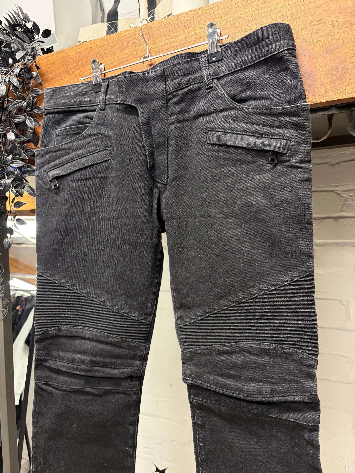 Balmain Waxed Black Biker Knee Skinny Jeans