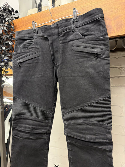 Balmain Waxed Black Biker Knee Skinny Jeans