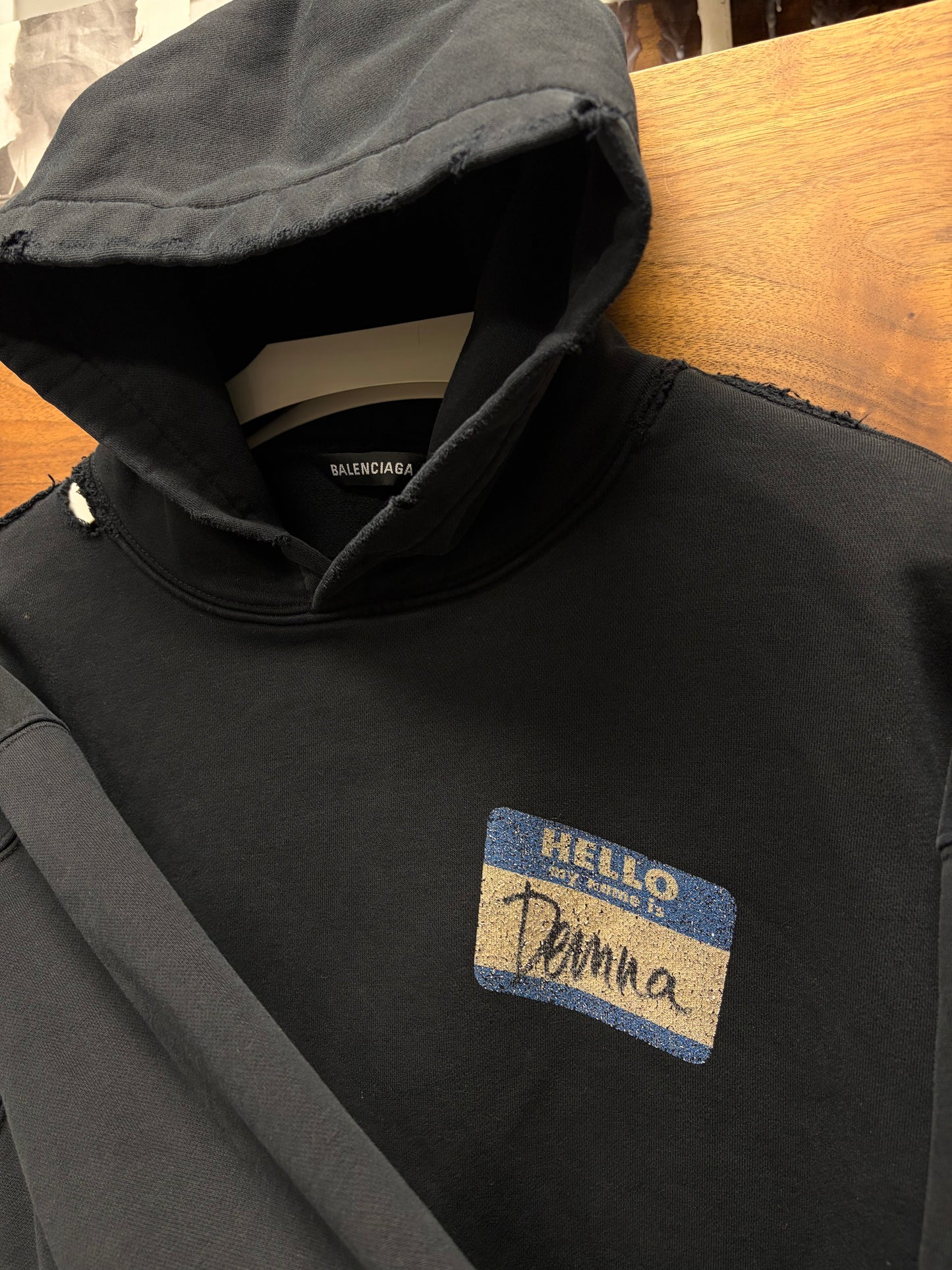 2020 Balenciaga ‘Nametag’ Distressed Black Pullover Hoodie