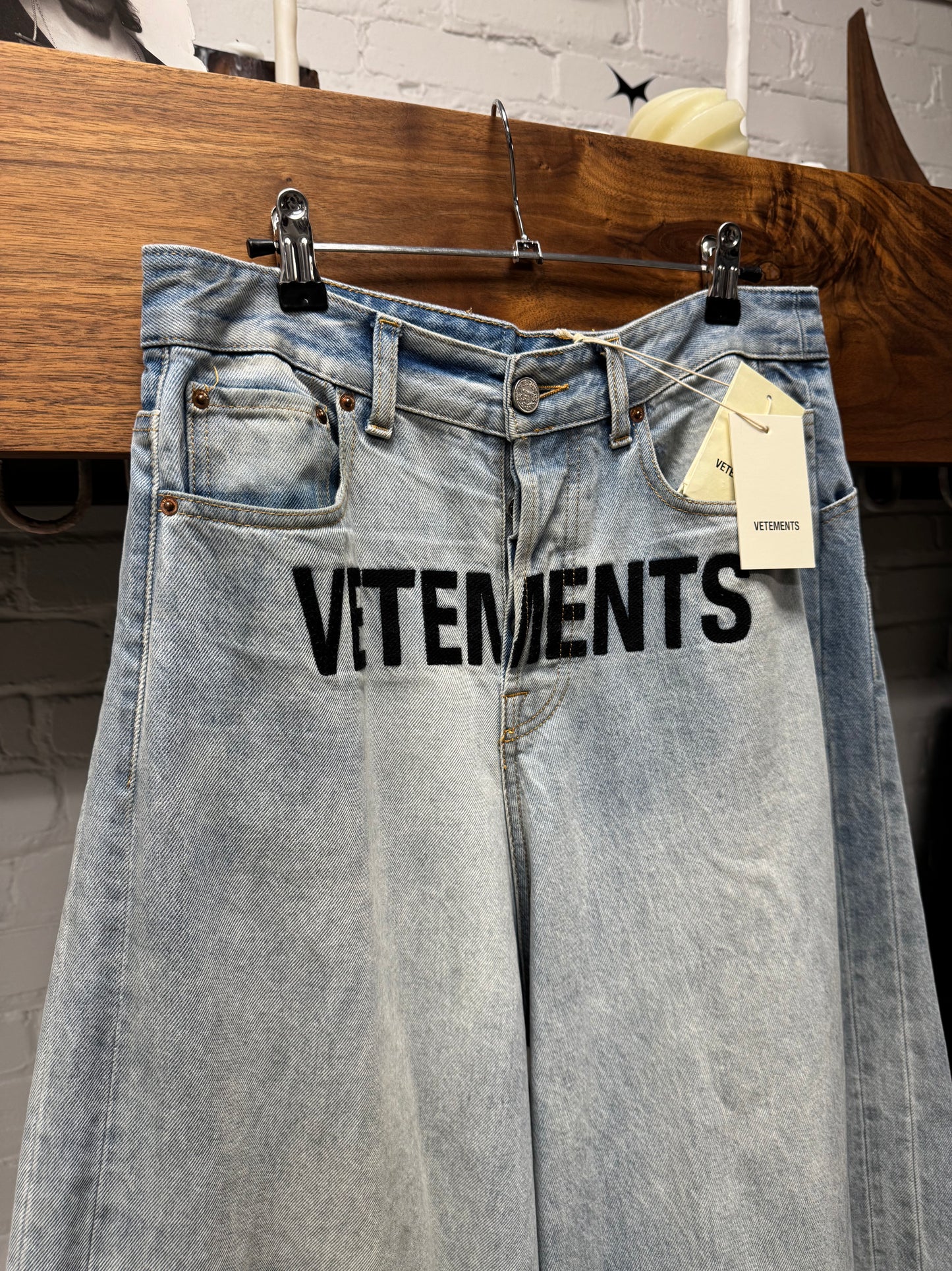 Vetements Embroidered Logo Light Wash Blue Baggy Denim