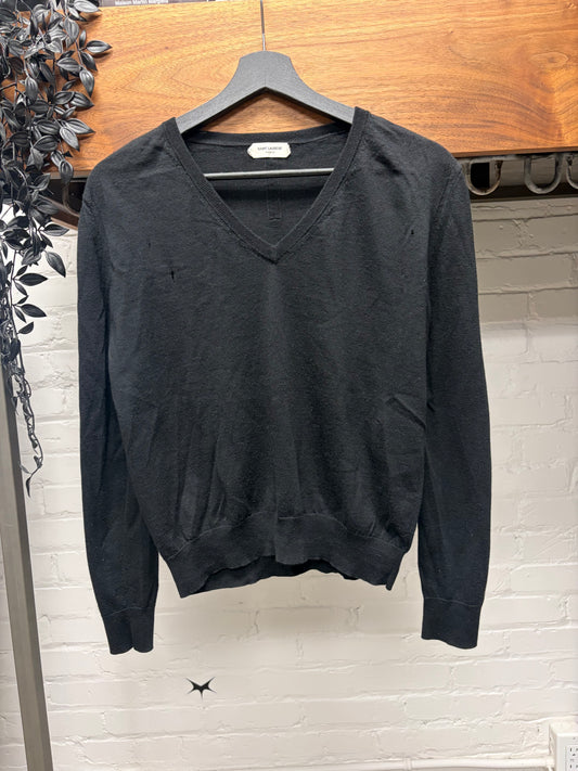 2017 Saint Laurent Black Lightweight Wool Knit Distressed V-Neck Sweater