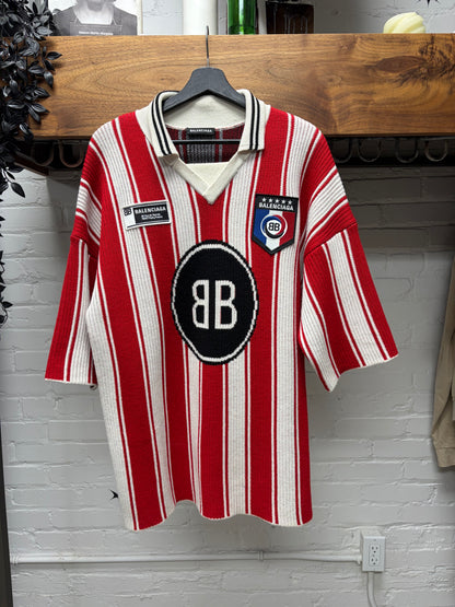 AW2018 Balenciaga Knit ‘BB Crest Logo’ White/Red Striped Soccer Jersey