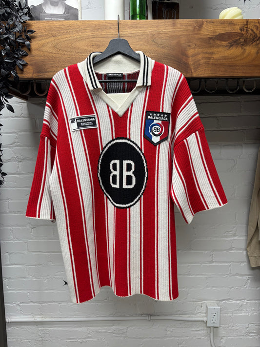 AW2018 Balenciaga Knit ‘BB Crest Logo’ White/Red Striped Soccer Jersey