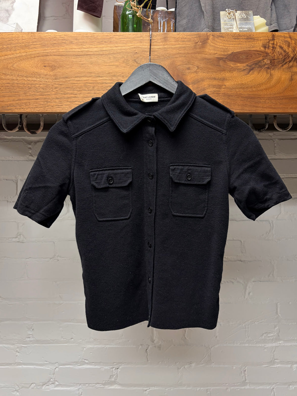 Saint Laurent Cropped Black Ribbed Cotton Full Button ‘Military Inspired’ Polo