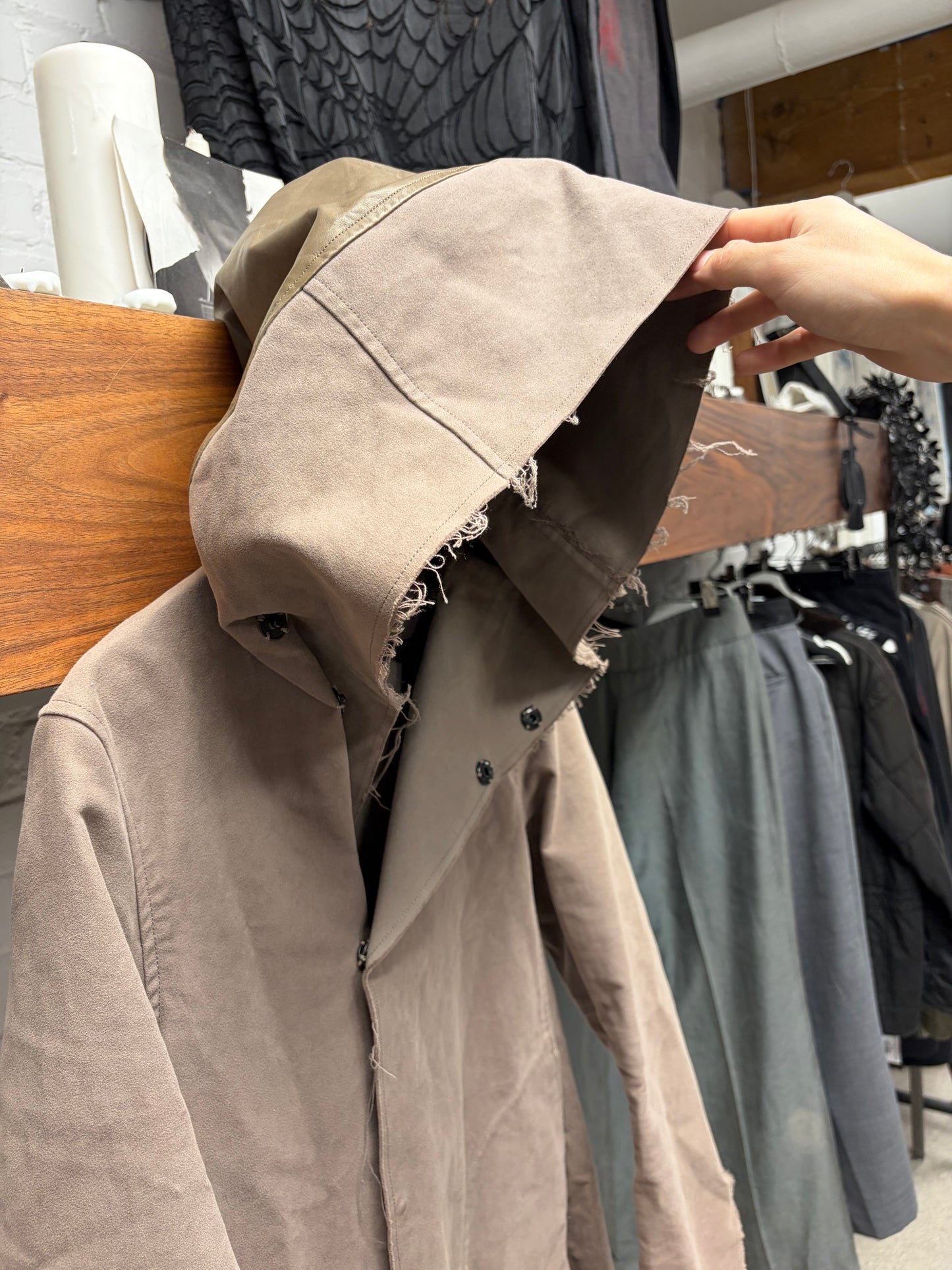 Backlash by Itsamu Katayama Leather Detailed Raw Hem Fishtail Parka