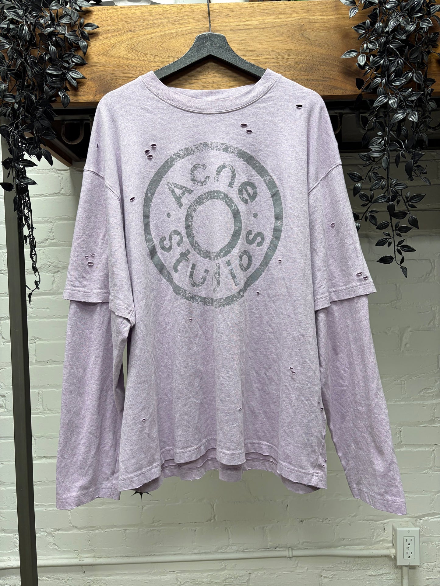 Acne Studios Layered Purple ‘Button Logo’ Distressed Long Sleeve Shirt