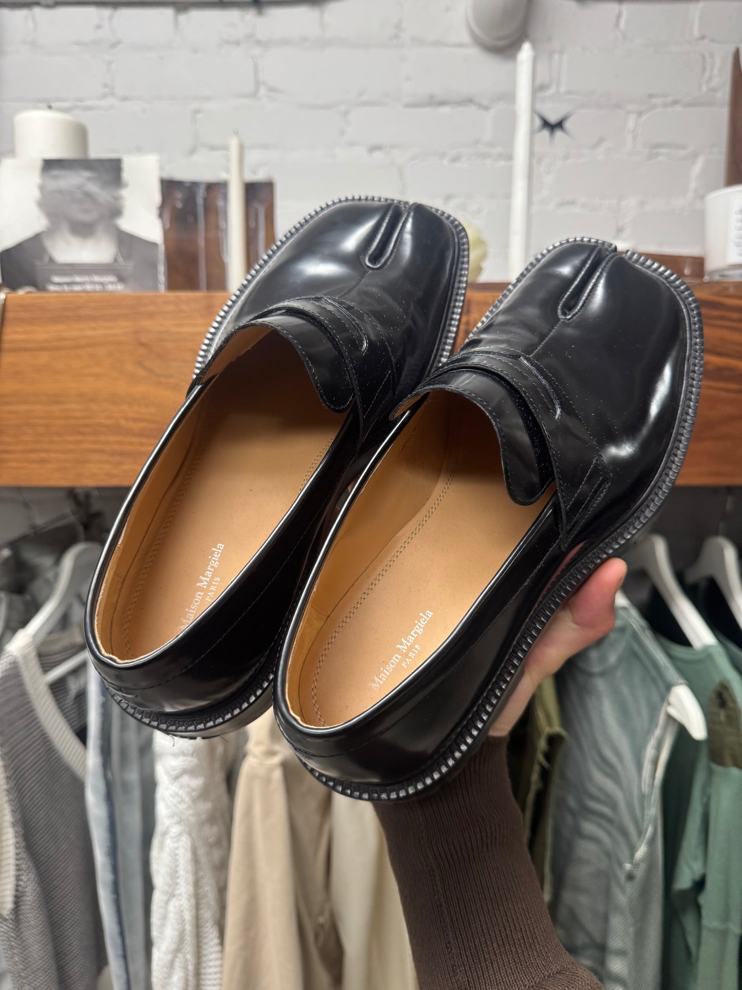 Maison Margiela ‘Tabi’ Split Toe Black Patent Leather Platform Derbies