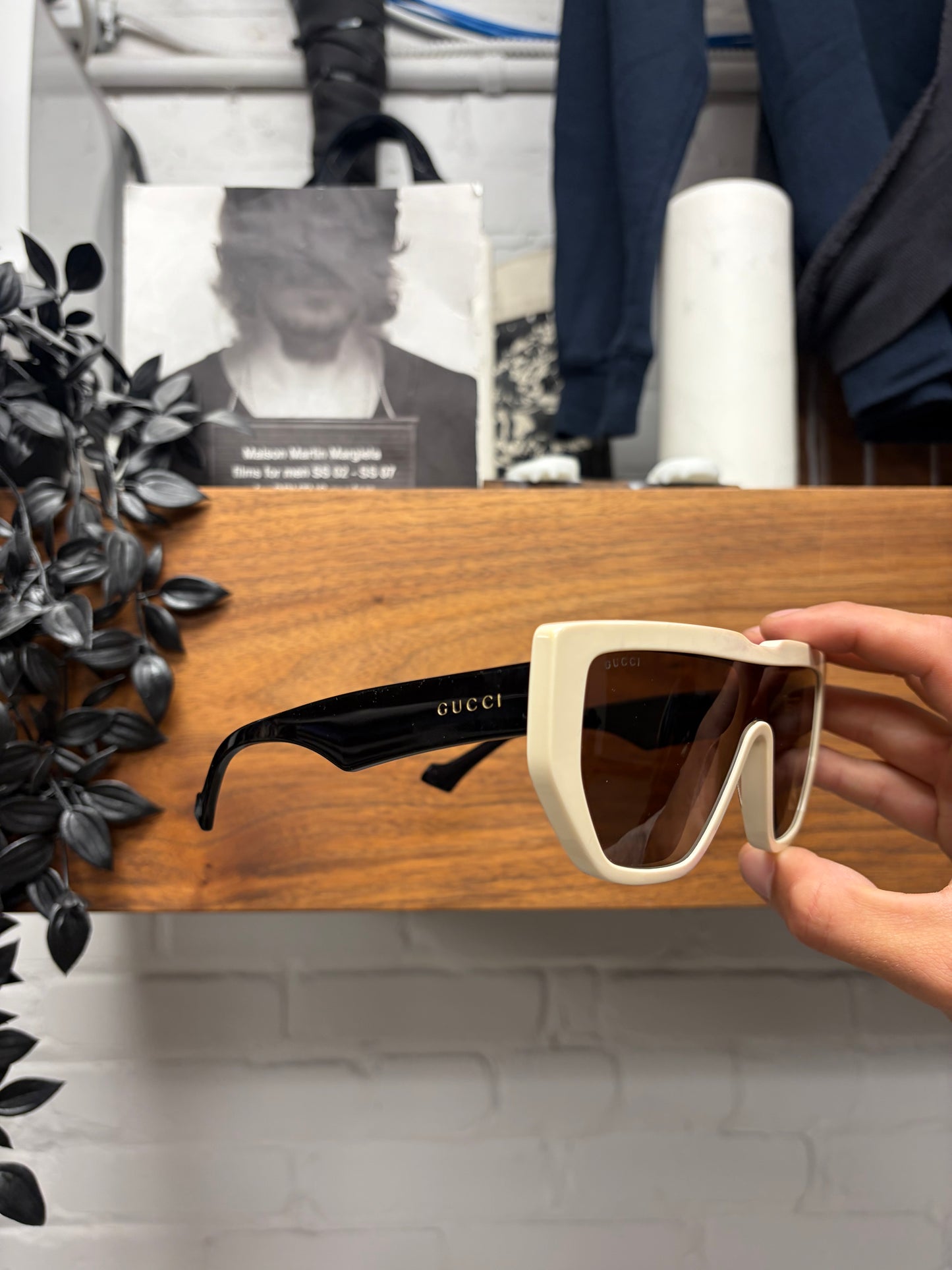 Gucci Ivory/Black Gold Tinted Squared Shape Sunglasses
