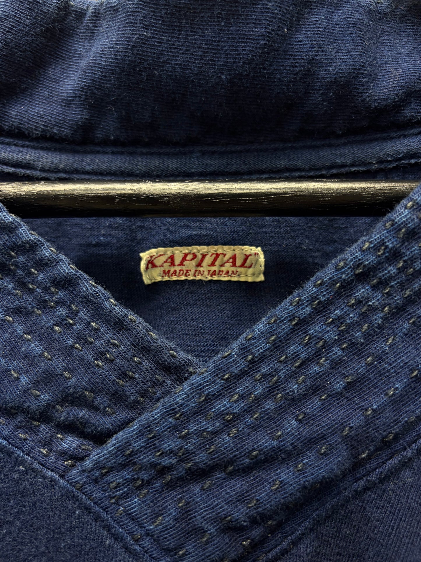 Kapital ‘Sashiko’ V-Neck Raw Indigo Blue Cotton T-Shirt