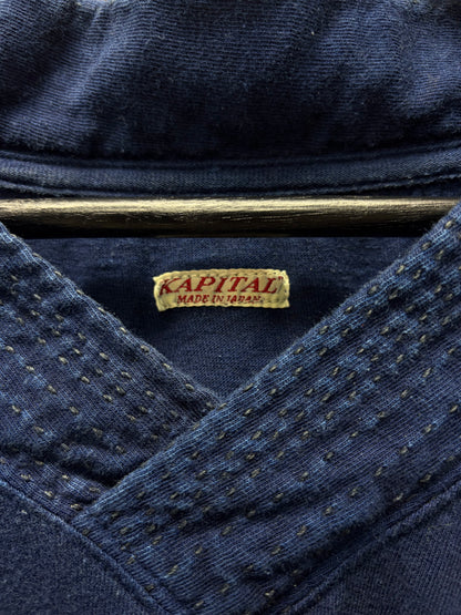 Kapital ‘Sashiko’ V-Neck Raw Indigo Blue Cotton T-Shirt
