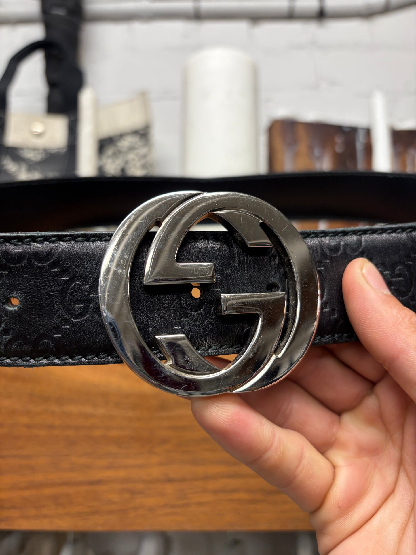 Gucci ‘Guccisima’ Black Monogram Silver Buckle Leather Belt