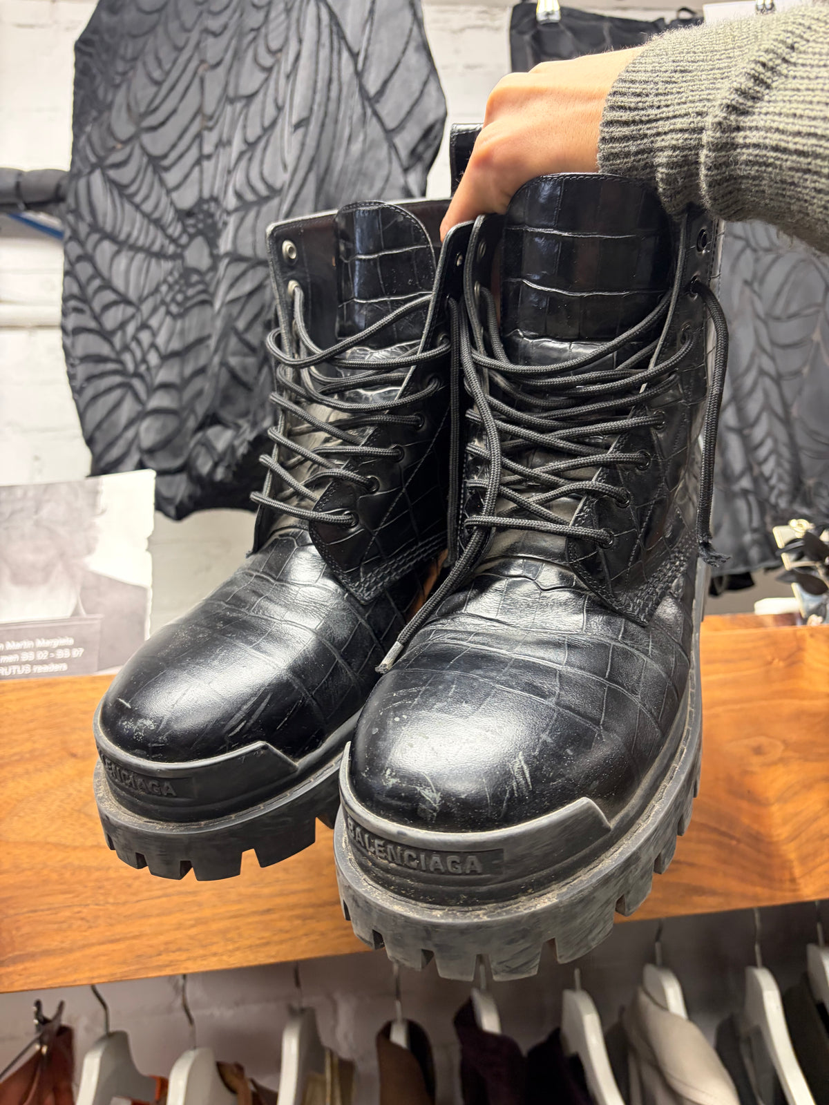 Balenciaga Croc Embossed Black Leather ‘Strike’ Combat Boots
