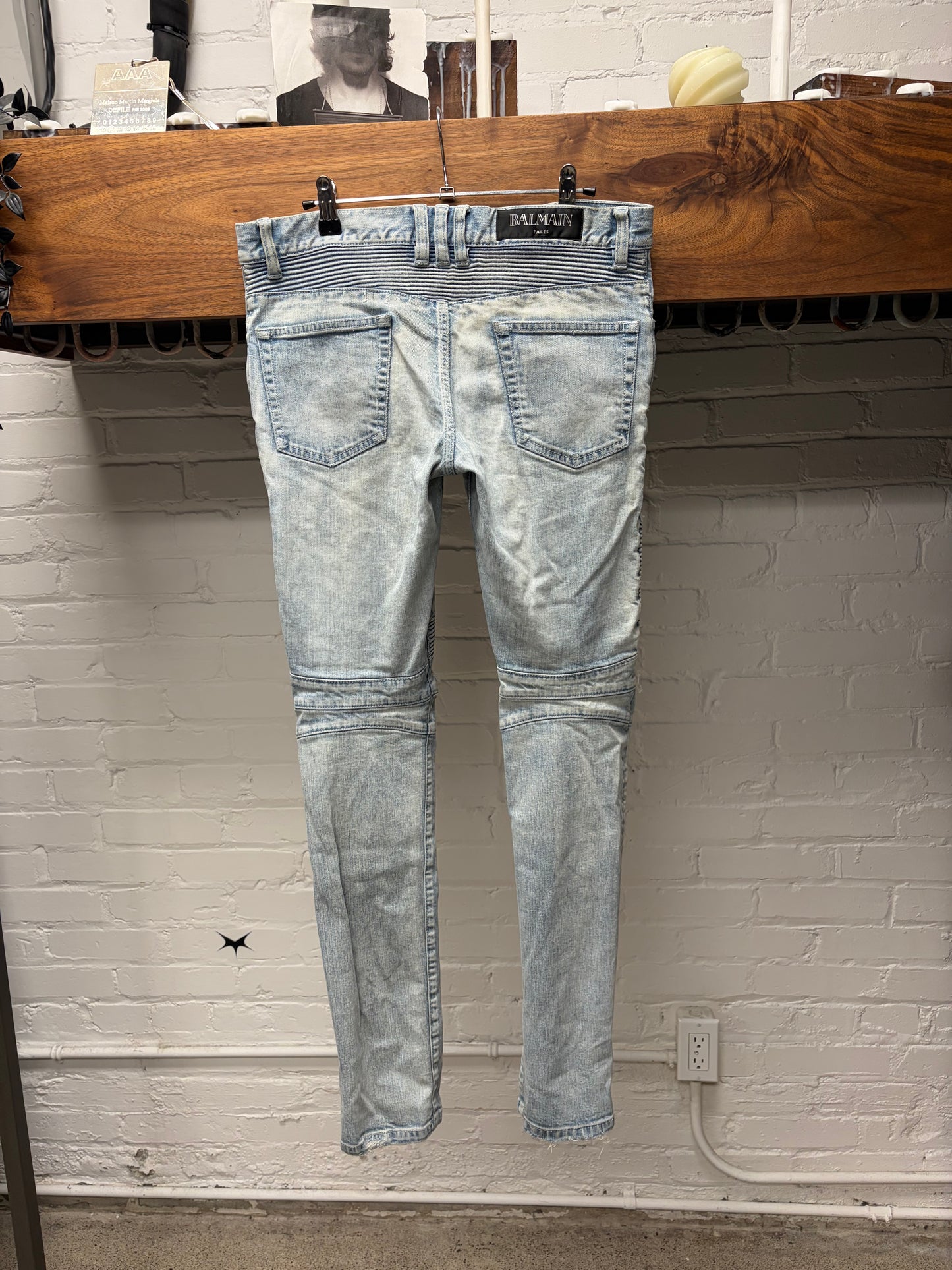 Balmain Light Wash Blue ‘Distressed Knee’ Biker Denim