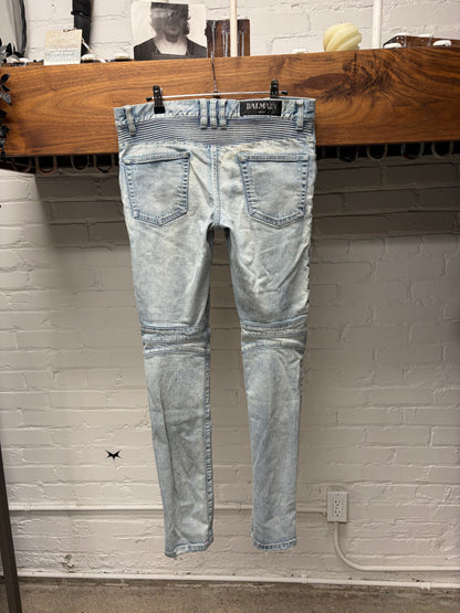 Balmain Light Wash Blue ‘Distressed Knee’ Biker Denim