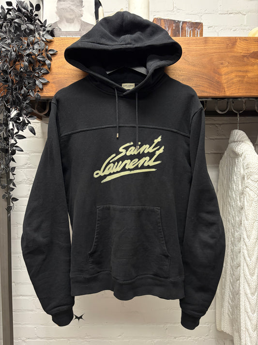 2021 Saint Laurent ‘Cursive Logo’ Black Cotton Pullover Hoodie