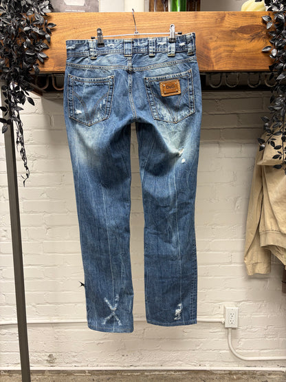 2000s Dolce and Gabbana Distressed Washed Blue Bootcut Denim
