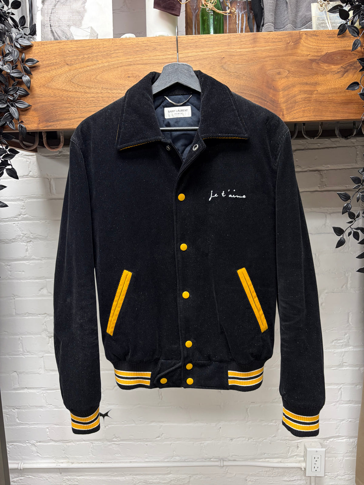 2017 Saint Laurent ‘Je T’aime’ Black/Yellow Corduroy ‘Teddy’ Varsity Jacket