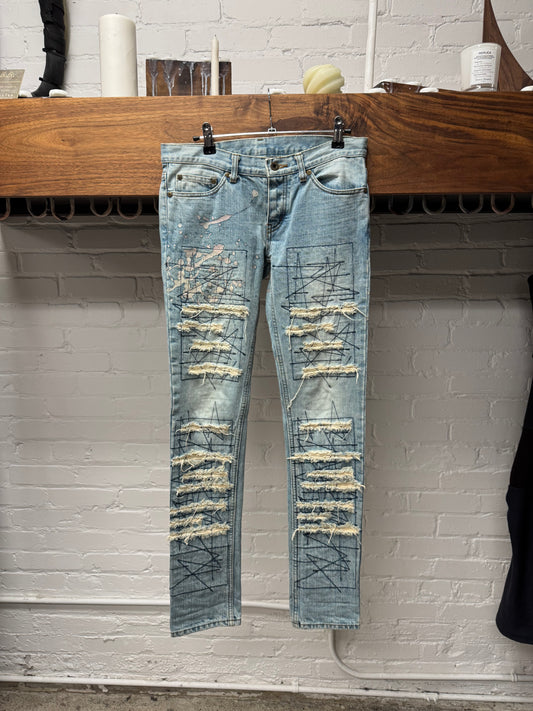 2000s Hysteric Glamour ‘Heavy Distressed’ Light Wash Blue Skinny Jeans