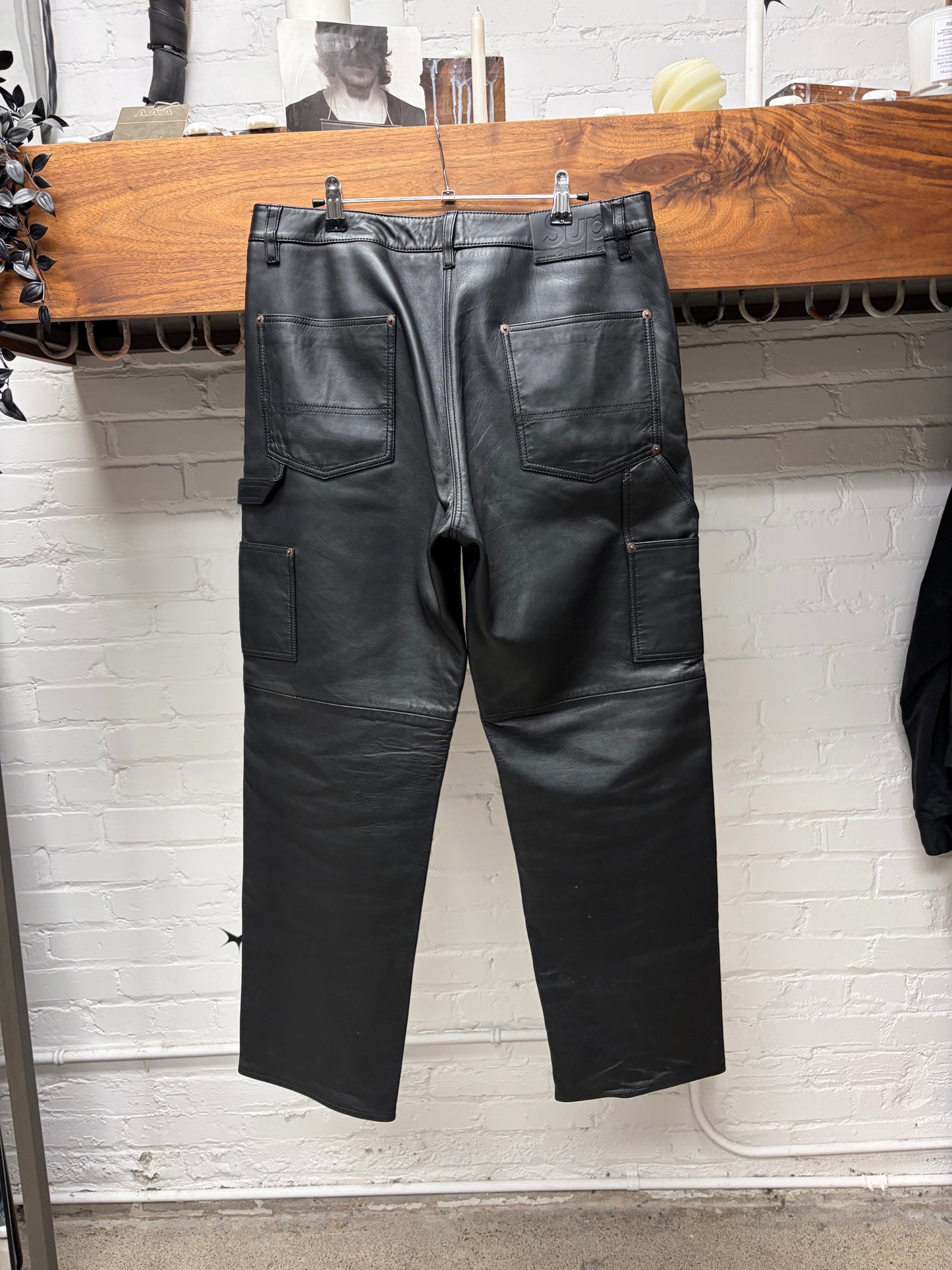 AW2023 Supreme Black Leather Double Knee Carpenter Pants