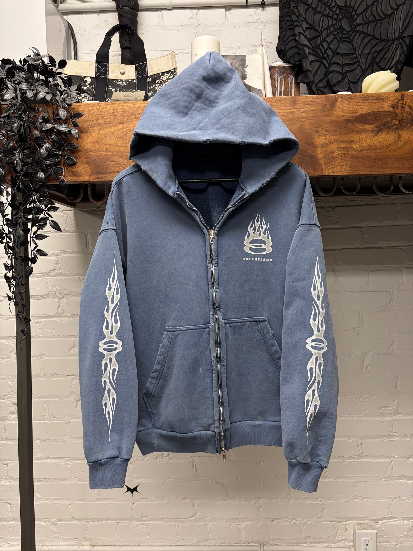 SS2024 Balenciaga ‘Unity Flame’ Blue Zip Up Distressed Cotton Hoodie