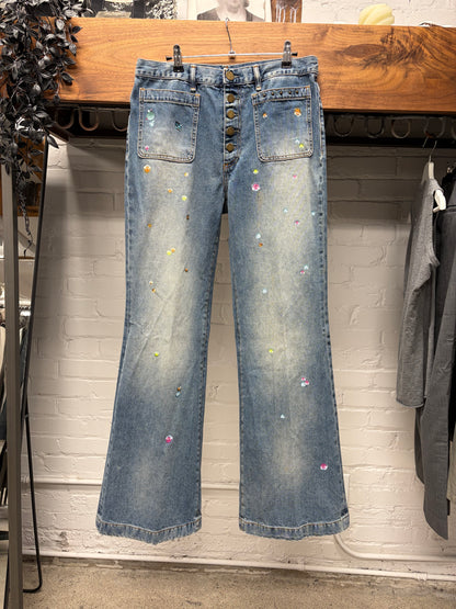 Acne Studios Embellished Blue Flared Leg Button Fly Denim