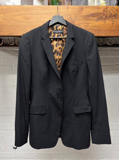 Vintage Dolce & Gabbana Leopard Liner Black Cotton Blazer