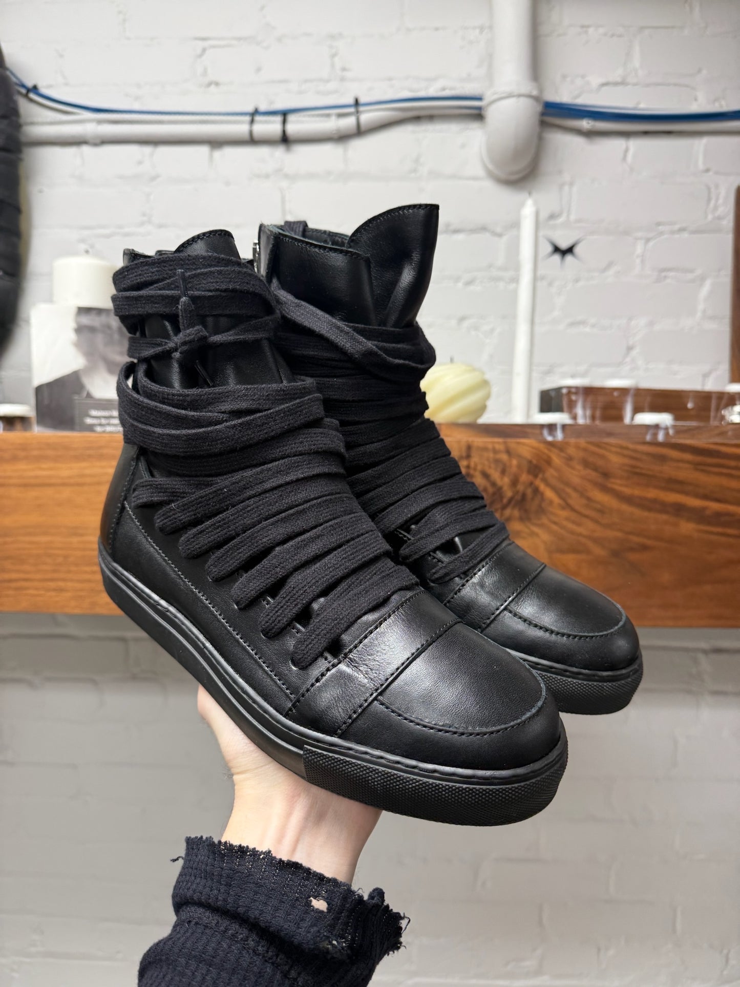 Kris Van Assche Multi-Lace Black Leather High Top Sneakers
