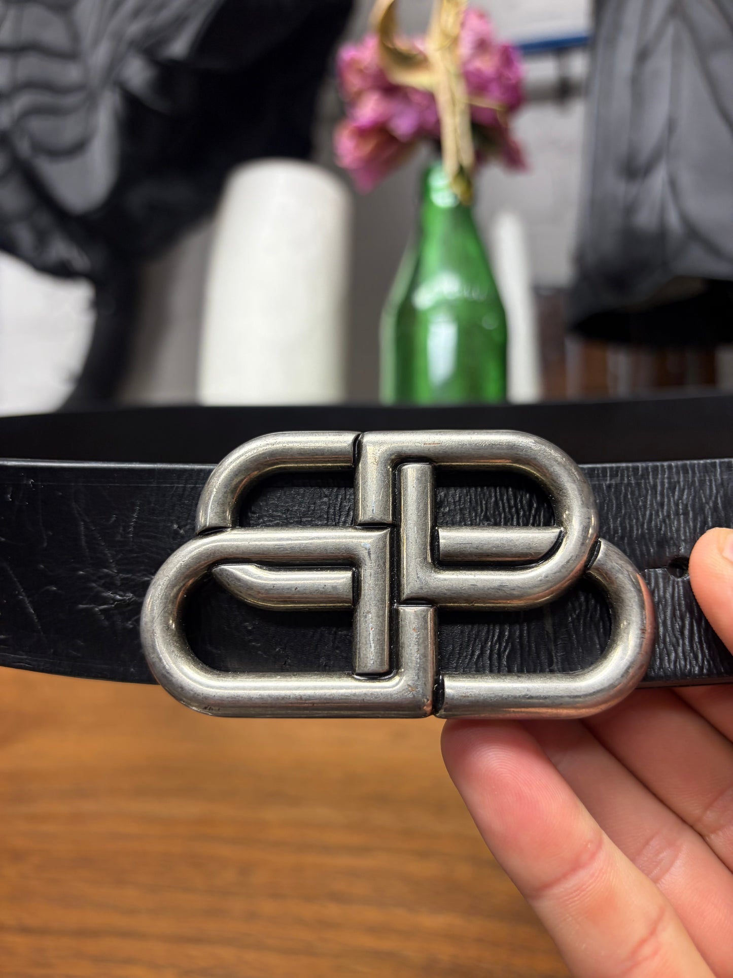 Balenciaga ‘BB’ Black Leather Belt with Silver Tone Buckle
