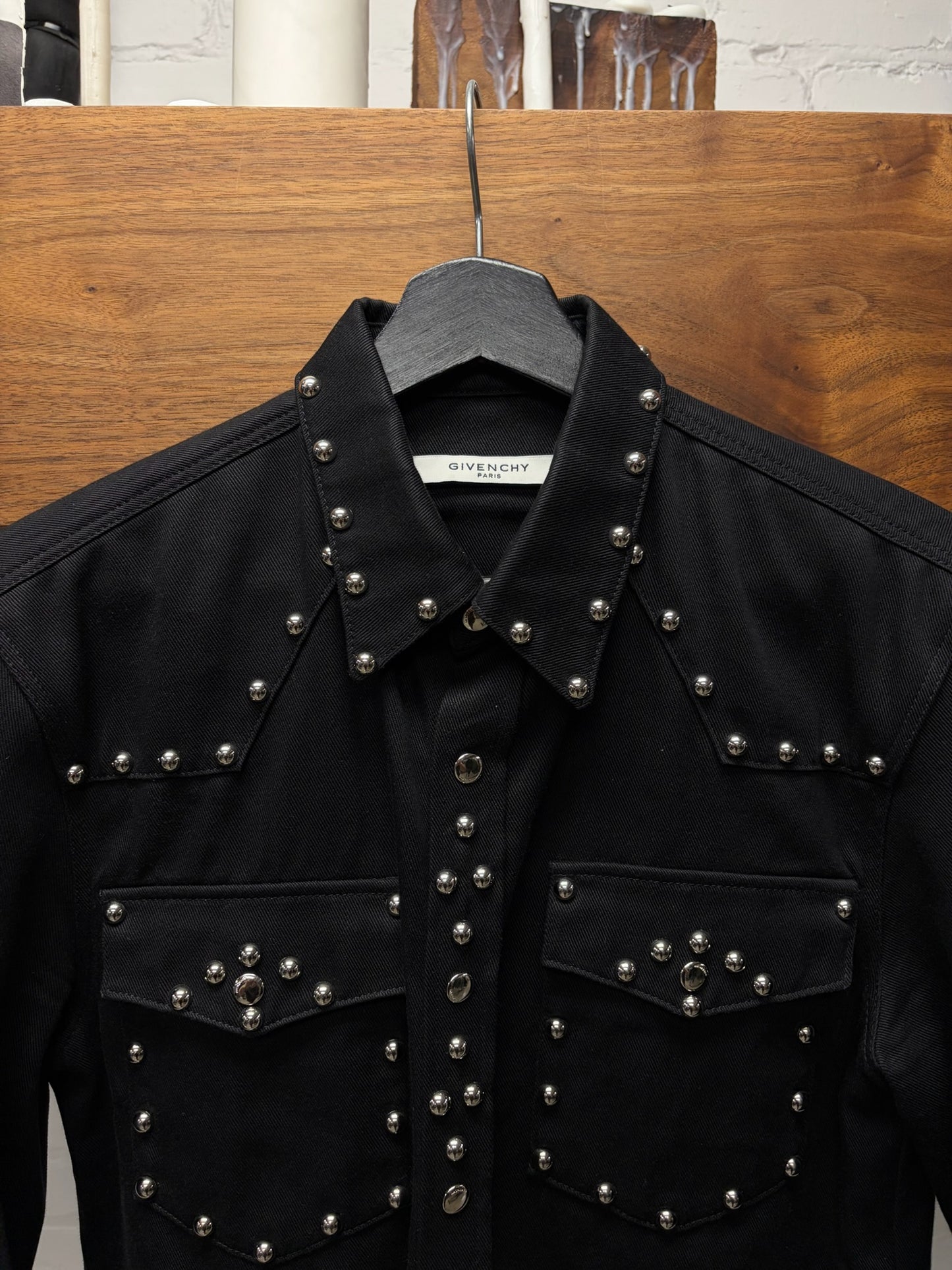 SS2016 Givenchy by Ricardo Tisci Black Studded Denim Pearl Button Snap Shirt