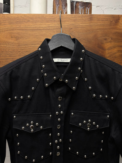 SS2016 Givenchy by Ricardo Tisci Black Studded Denim Pearl Button Snap Shirt