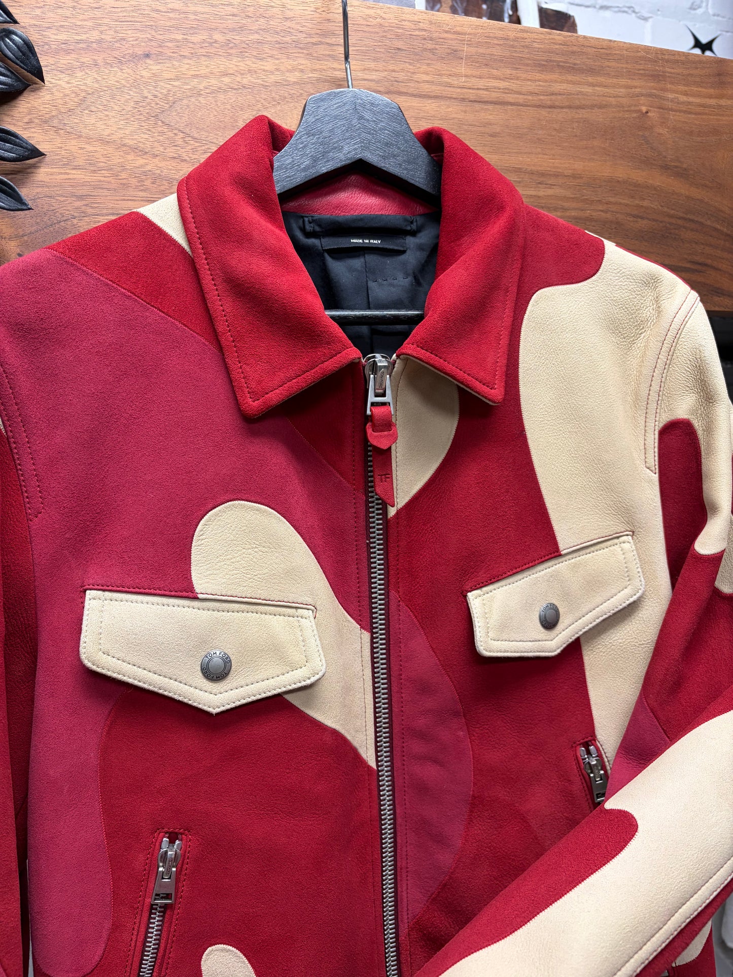 SS2016 Tom Ford Runway Red/Cream Suede Patchwork Leather Jacket
