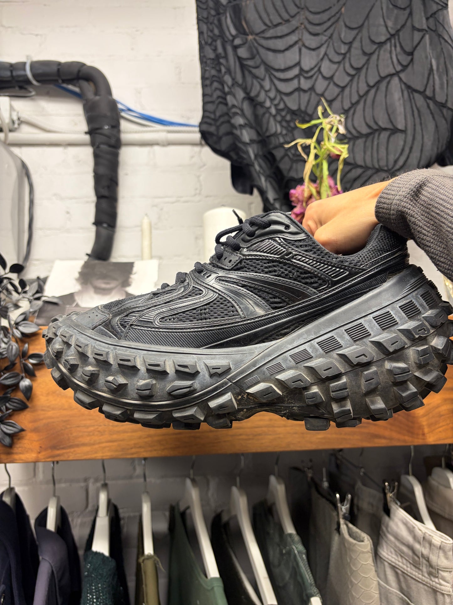 Balenciaga ‘Defender’ Black Tire Sole Low Top Sneakers