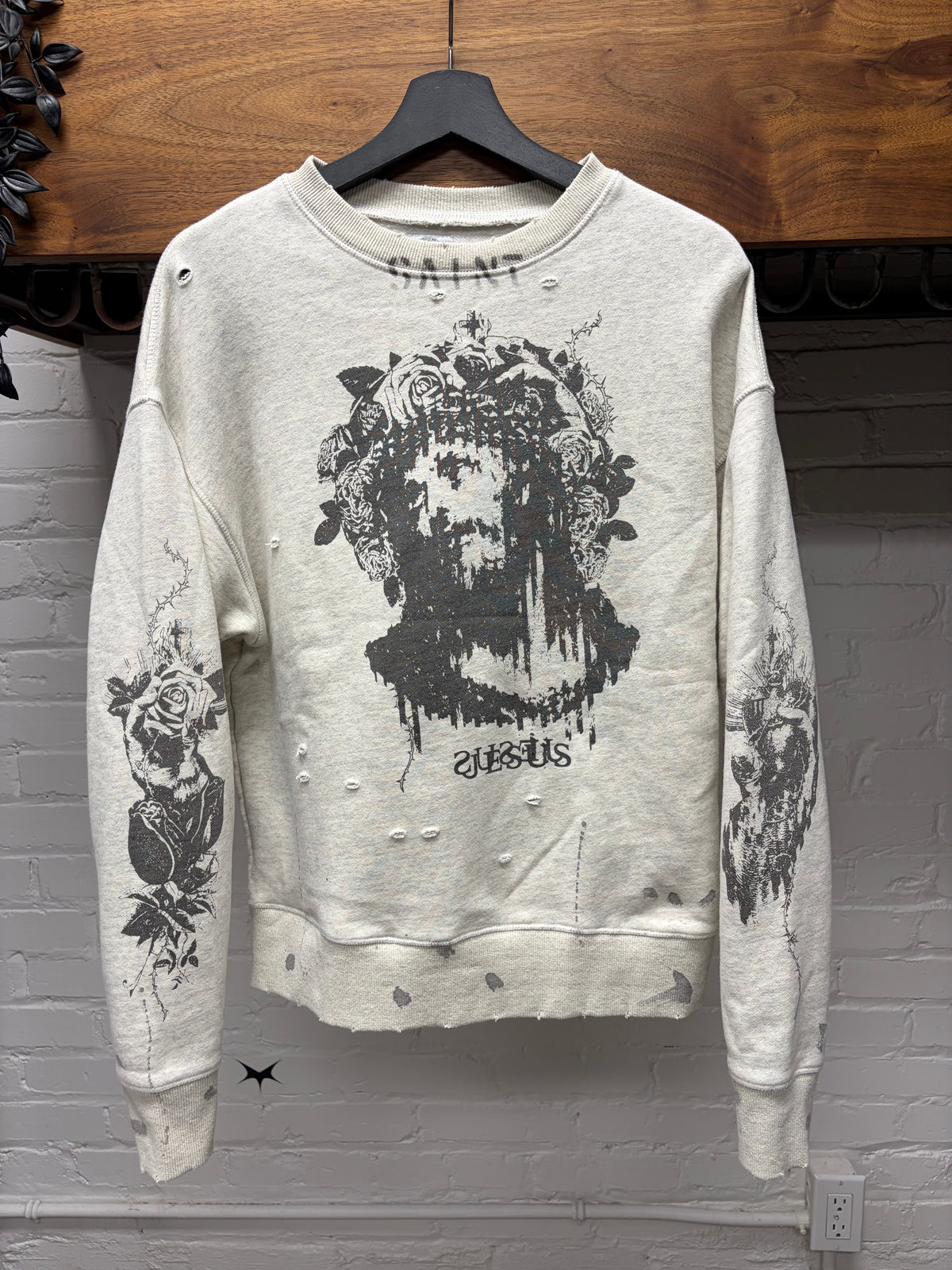 SS2022 Saint Michael x Kosuke Kawamura ‘Jesus in Thorns’ Grey Distressed Crewneck Sweatshirt