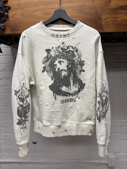 SS2022 Saint Michael x Kosuke Kawamura ‘Jesus in Thorns’ Grey Distressed Crewneck Sweatshirt