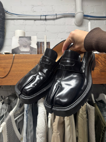 Maison Margiela ‘Tabi’ Split Toe Black Patent Leather Platform Derbies