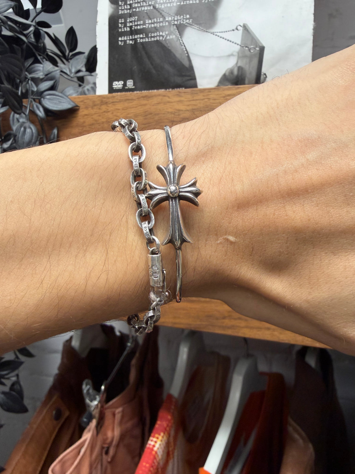 Chrome Hearts Tiny Cross Pendant .925 Silver Bangle Bracelet