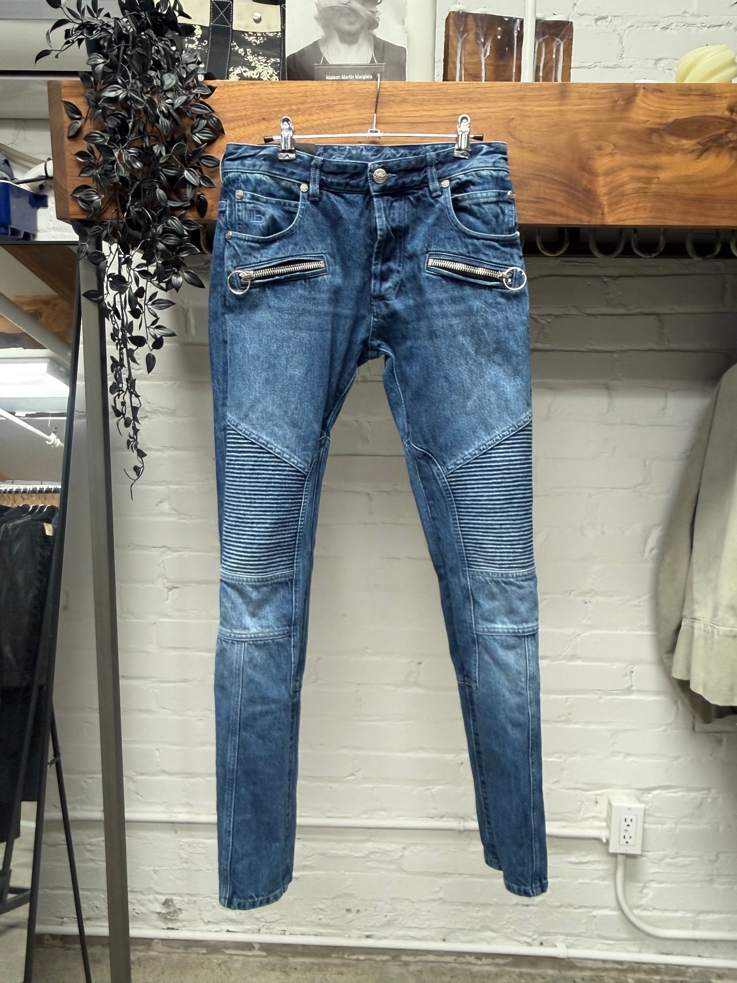 Balmain Biker Knee Blue Skinny Jeans