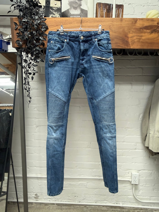 Balmain Biker Knee Blue Skinny Jeans