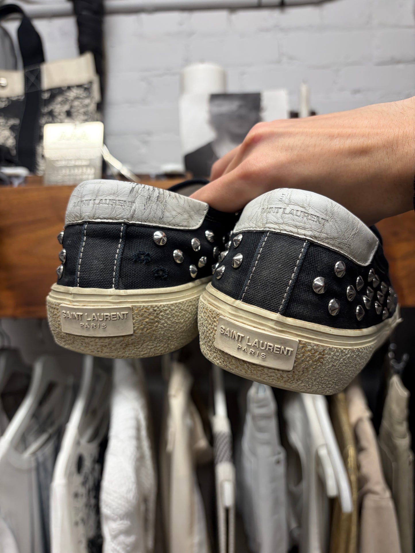 Saint Laurent Studded Black Canvas Slip-On Sneakers