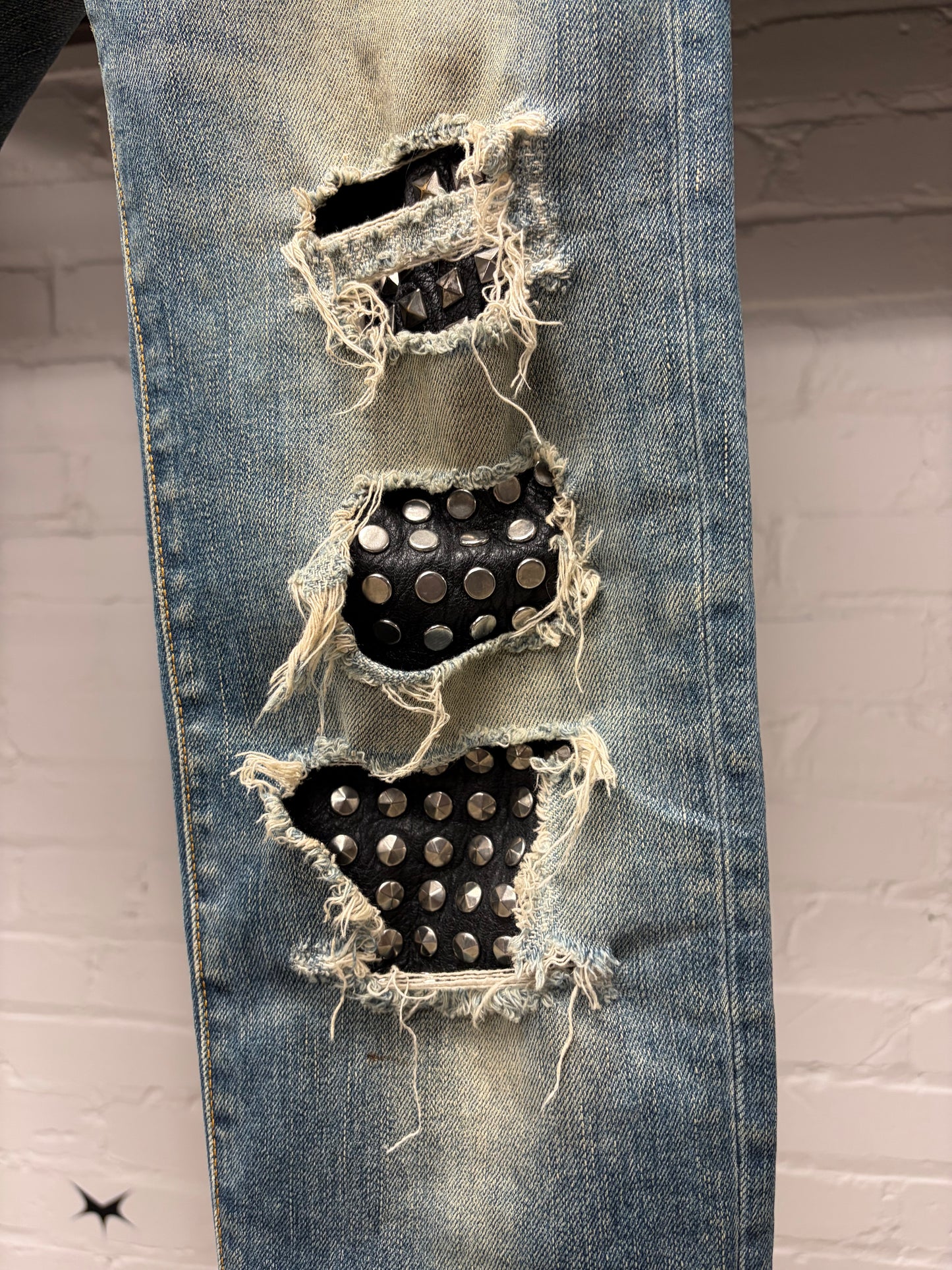 Saint Laurent by Hedi Slimane Studded Leather ‘D02’ Biker Knee Dirt Wash Denim