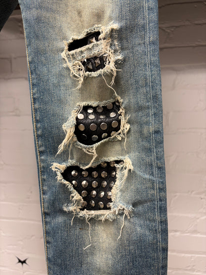 Saint Laurent by Hedi Slimane Studded Leather ‘D02’ Biker Knee Dirt Wash Denim