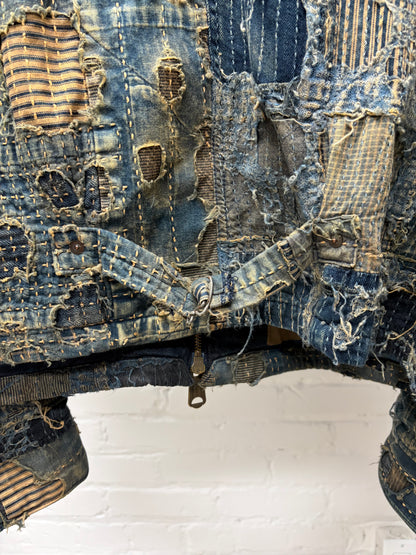 Kaptial ‘Boro’ Repaired Blue Zip-Up Buckle Back Denim Jacket