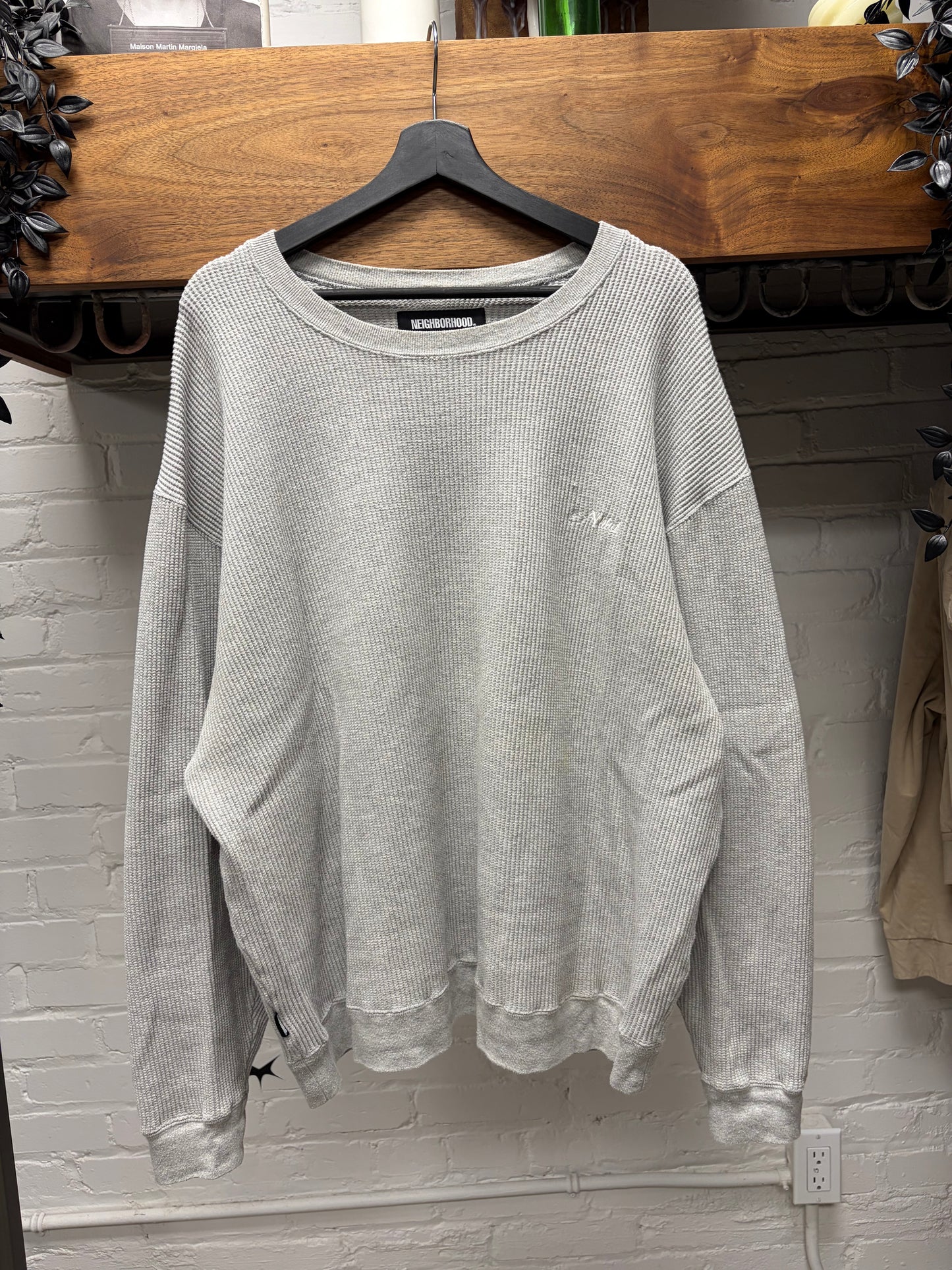 Neighborhood Embroidered Grey White Thermal Cotton Long Sleeve Shirt